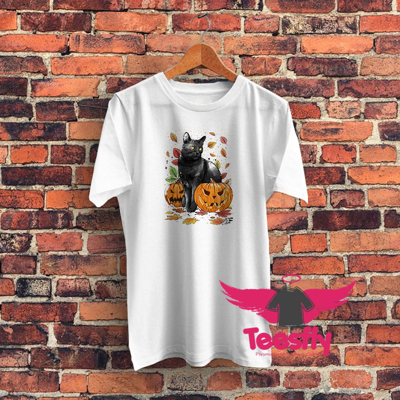 Cat Leaves and Pumpkins Graphic T Shirt